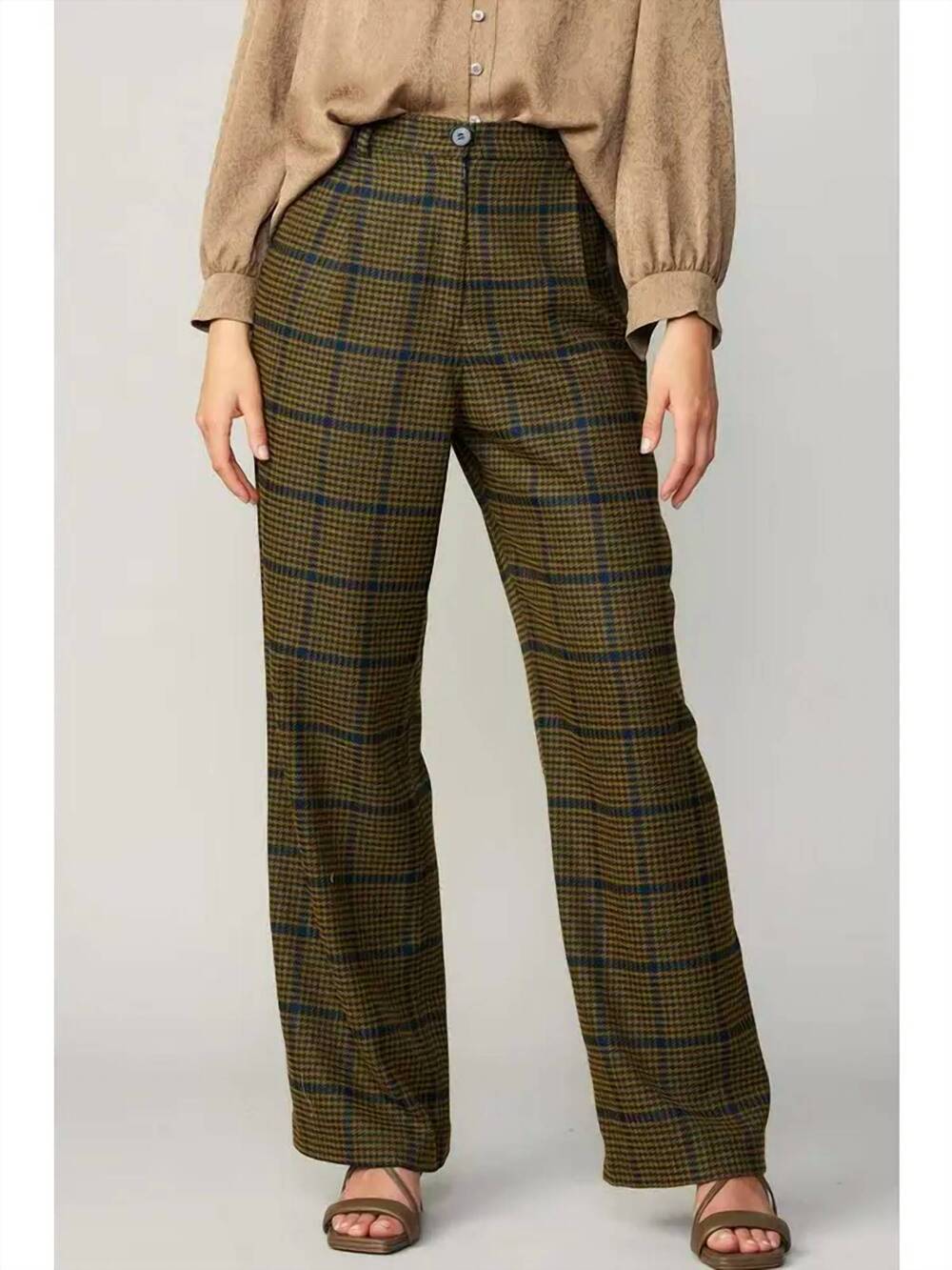 NEW CURRENT AIR women's check pattern high waist wide pants in navy-olive